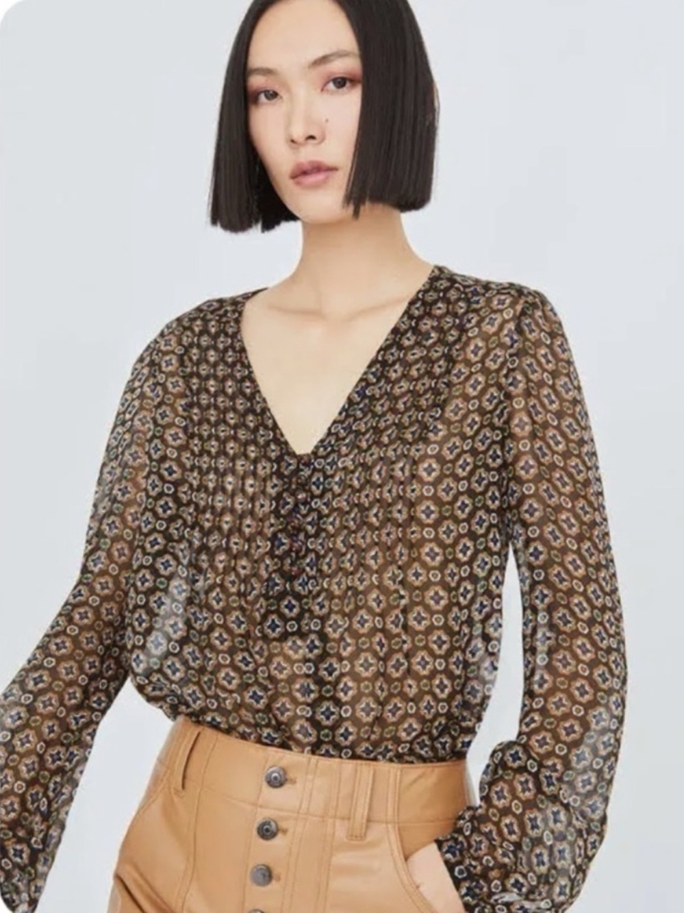 NWOT Veronica Beard Lowell Token-Print Sheer Blouse Long Sleeve Size 12